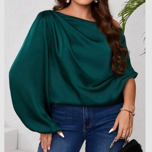 Luxe plus size dark green asymmetrical neck blouse - Picture 3 of 6